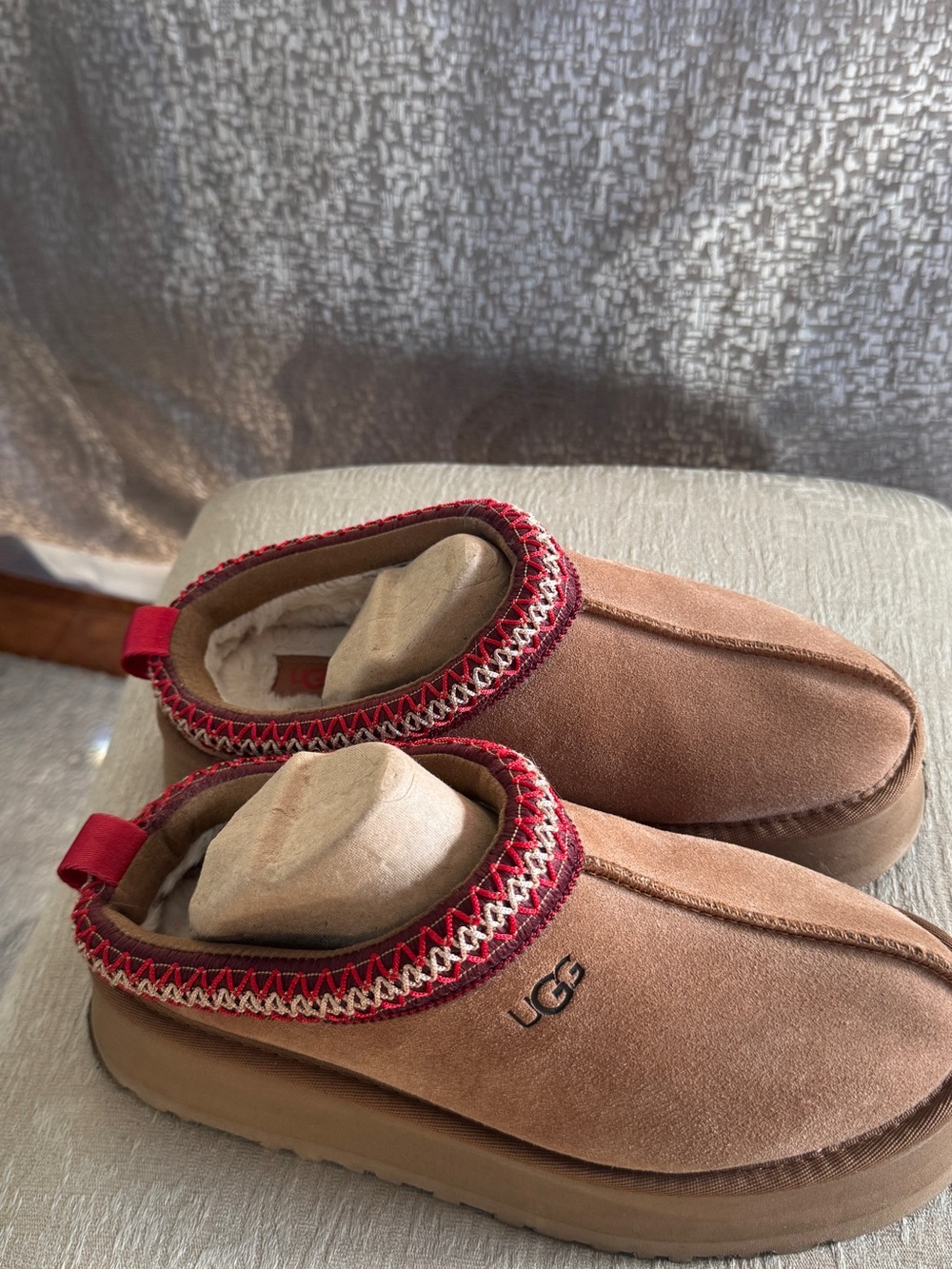 UGG Women's Chestnut Suede Slip-On Slippers with Red Trim